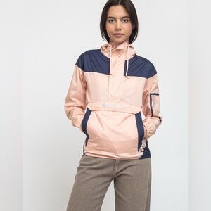 Columbia Peach Navy Blue Packable Jacket Raincoat Challenger Windbreaker Anorak